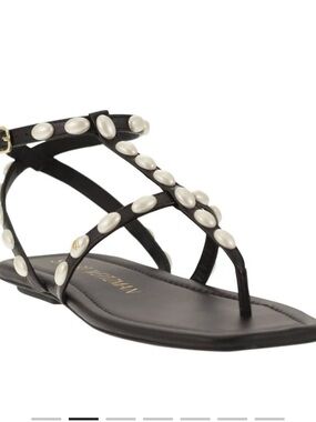 Stuart Weitzman Black Pearl-Embellished Strappy Sandals